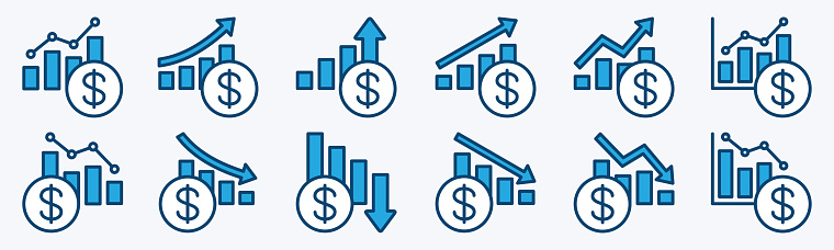 Increase and decrease finance graph icons. Financial graph icon set. Up and down financial chart or graph. Diagram statistic of finance. Vector illustration