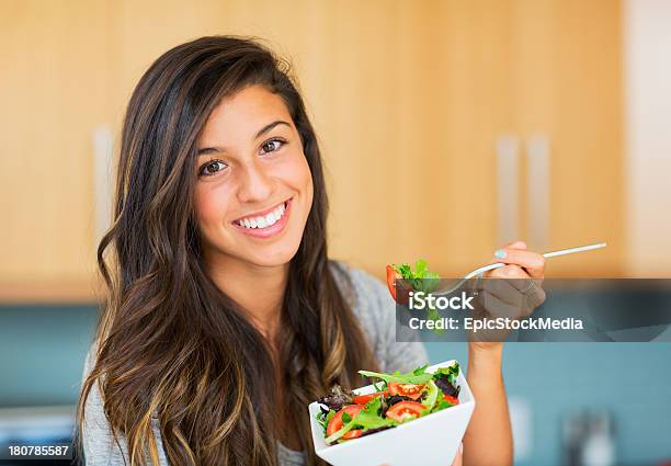 Healthy Woman Eating Salad Stock Photo - Download Image Now - 20-24 Years, 20-29 Years, Adult