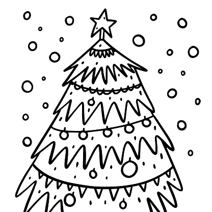 Hand drawn Christmas tree drawing outline illustration. Vector art isolated on white background.