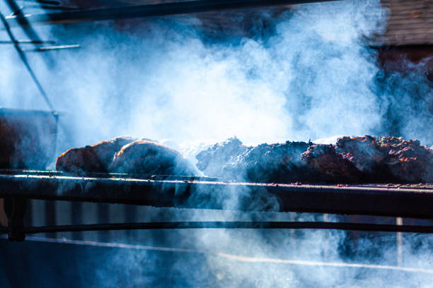 Tri-tip, pulled pork, brisket, and other meats in a smoker at a barbecue. Smoke billows around delicious cuts of meat.