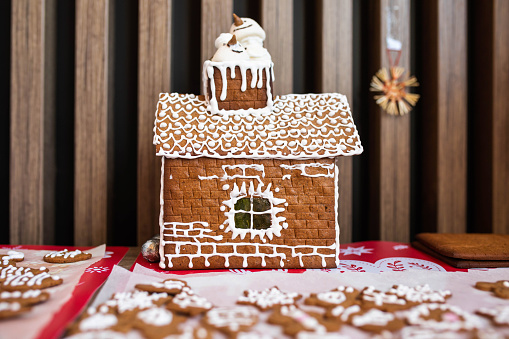 Stock photo showing close-up view of a snowy clearing, conifer forest scene. A homemade, gingerbread house decorated with white royal icing surrounded by model fir trees on white, icing sugar snow against a snowy blue background.