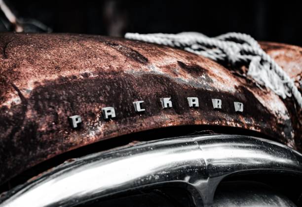 Kissimmee, United States – July 18, 2023: A close-up shot of an aged car emblem, featuring a rusty, worn-out appearance
