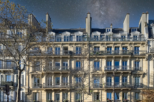 Paris, beautiful buildings, boulevard Beaumarchais, in the 11e arrondissement, at night