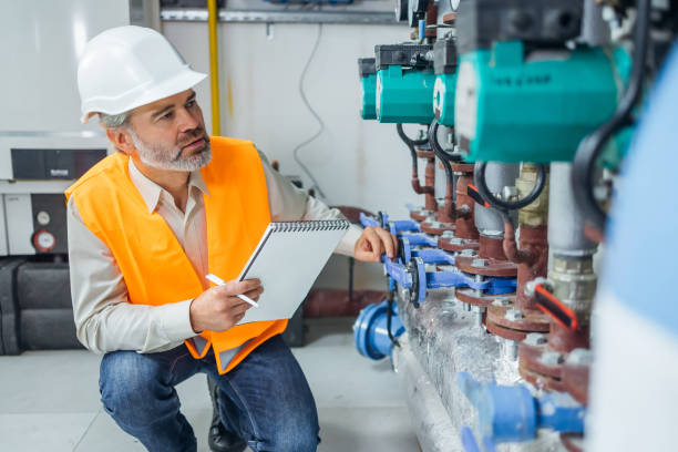 istock Hardworking caucasian engineer wearing protective uniform and hardhat checking gas pipe installation and equipment inside factory. 1807903540