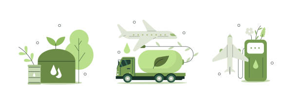 sustainable aviation fuel Sustainable aviation concept illustration. Aircraft charging with environment friendly fuel created with renewable energy. Green air transportation. Vector illustrations set. fossil fuel stock illustrations