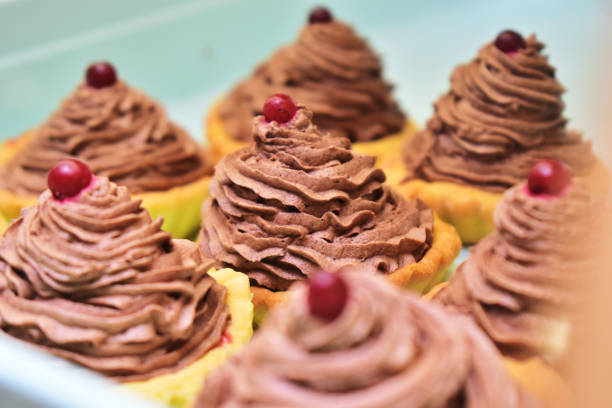 Tartlets with shortbread dough and chocolate cream, cranberries on top.