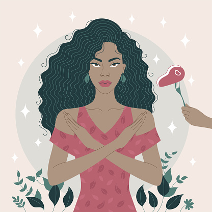 This flat art minimalist illustration depicts an African woman in a simple style, crossing her arms in a gesture of saying no to meat. The vegan girl promotes the concept of stopping meat consumption.