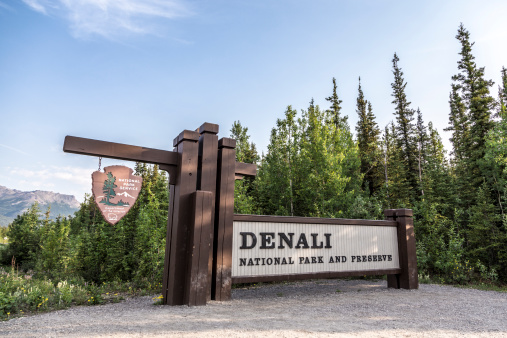 The park main entrance sign that welcomes tourists to Denali National Park and Preserve in Alaska, USA.