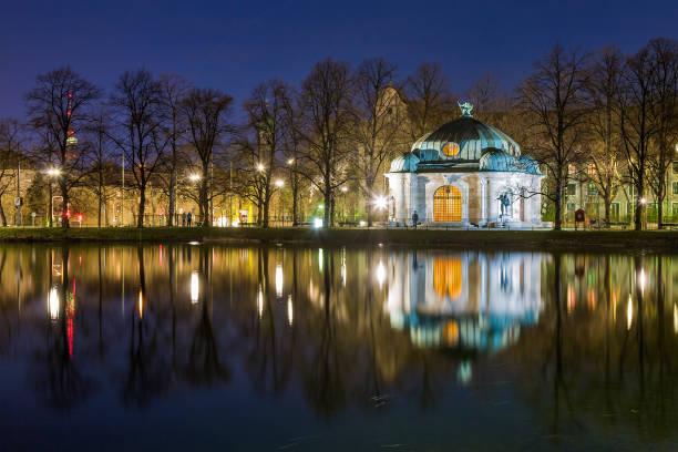 small temple in Munich with reflection at blue hour