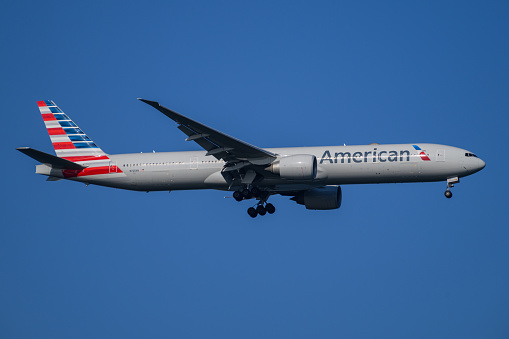 Sydney  Airport, Australia – November 7 2023 American Airlines Boeing 777 on landing approach