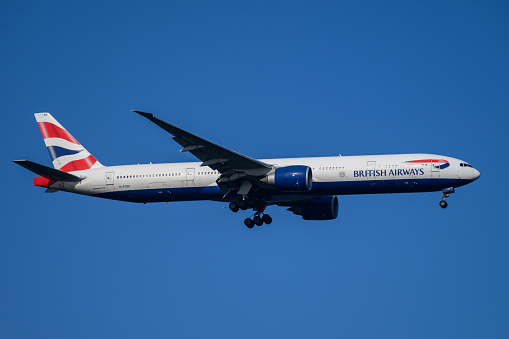 Sydney  Airport, Australia – November 7 2023 British Airways Boeing 777 on landing approach