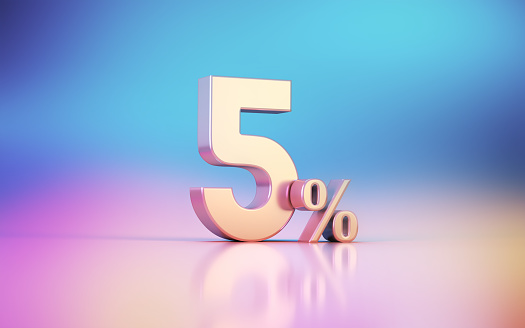 3d render 5 Percent Sign sitting on Pink Blue Orange Finance Softness Background (Close-up)