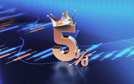3d render 5 Percent Symbol & King Crown sitting on Business and Financial and Technical Data Chart (Depth of field)