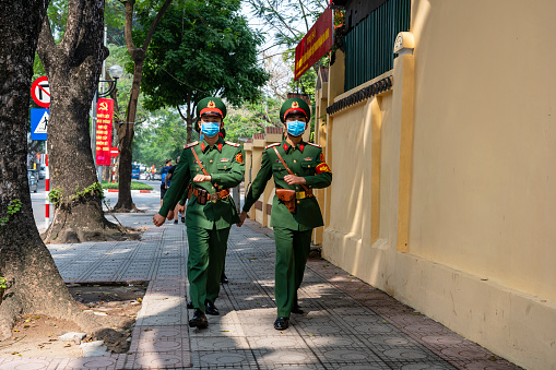 Ha Noi, Vietnam - march 08, 2020 : Vietnamese military honor guard marches near Ho Chi Minh Mausoleum at Hanoi, Vietnam