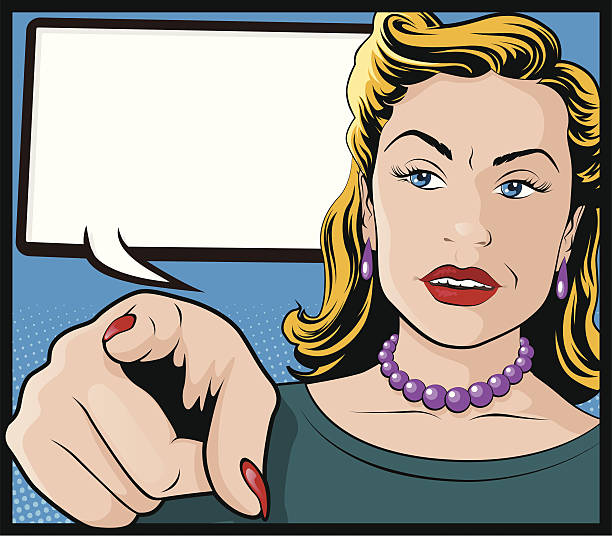 retro pop art frau mit zeigt hand - surprise ideas business person pointing stock-grafiken, -clipart, -cartoons und -symbole