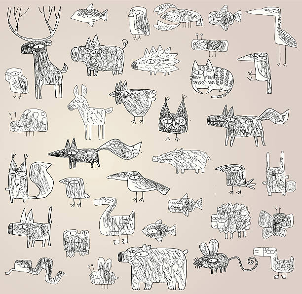 Funny Grunge Doodled Animals Collection in black and white vector art illustration