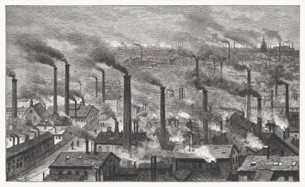 Ciudad industrial inglesa en el siglo XIX, xilografía, publicada en 1894 - ilustración de arte vectorial