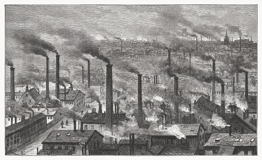 English factory town in the 19th century. Wood engraving after a drawing by Hermann Ludwig Heubner (German painter, 1843 - 1915), published in 1894.