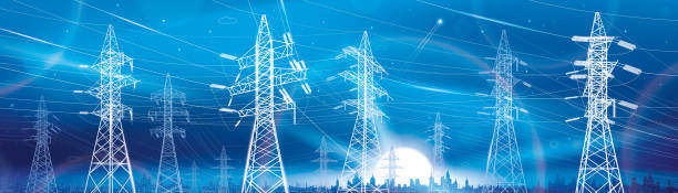 istock High voltage transmission system. Electricity. Neon glow. City energy infrastructure. Night landscape. Power lines. Network interconnected electrical. White otlines on blue background. Vector design 1807974200
