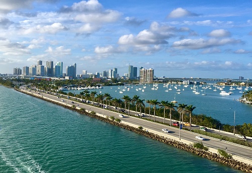 Miami Skyline  and MacArther Causeway as seen from the Port of Miami