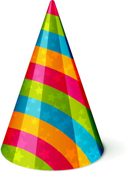 Rainbow striped party hat against a white background Vector Party hat with stripes and stars on white. EPS10 opacity party hat stock illustrations