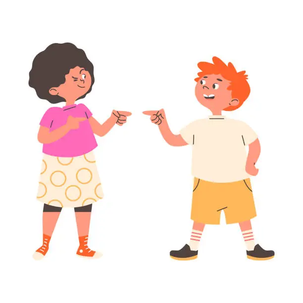 Vector illustration of Girl and boy point fingers at each other.