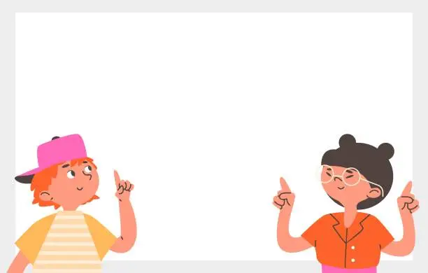 Vector illustration of Boy look up and point finger and girl with closed eyes show both hands gesture upward.