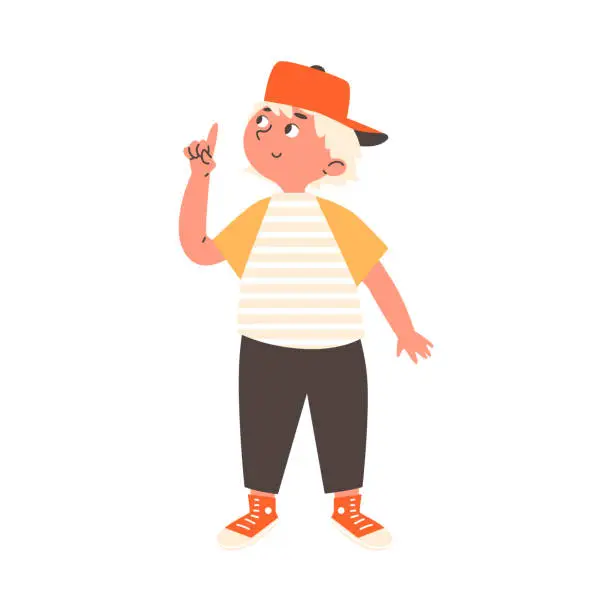 Vector illustration of Boy point finger up to something, cartoon vector illustration on white