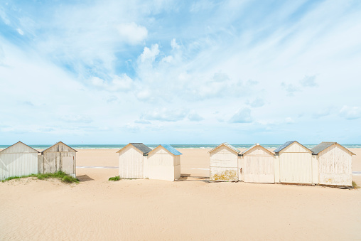 Cabins or Beach Huts on the atlantic ocean beach. Ouistreham, Calvados department, Normandy region, France, Europe.