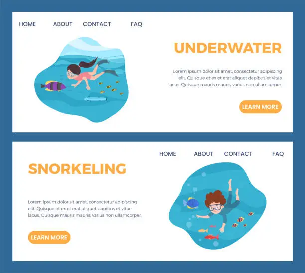 Vector illustration of Children swimming underwater with many fish, banners with cartoon vector