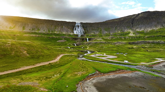 4k aerial view of Iceland, Beautiful Dynjandi waterfall