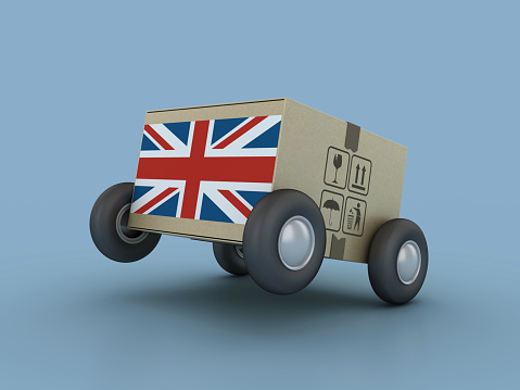 British Cardboard Box on Wheels - Color Background - 3D Rendering