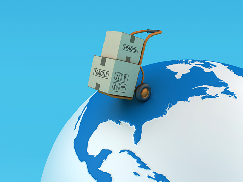 Hand Truck with Cardboard Boxes on Globe World Map - Color Background - 3D Rendering