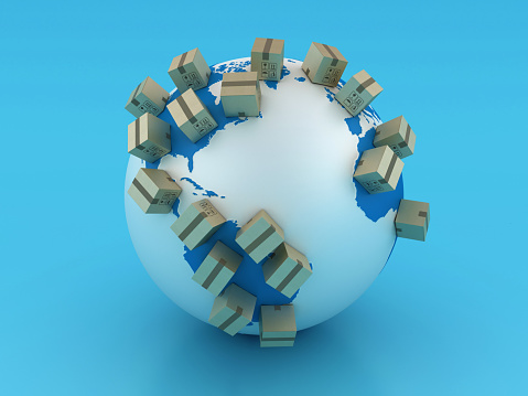 Cardboard Boxes on Globe World Map - Color Background - 3D Rendering