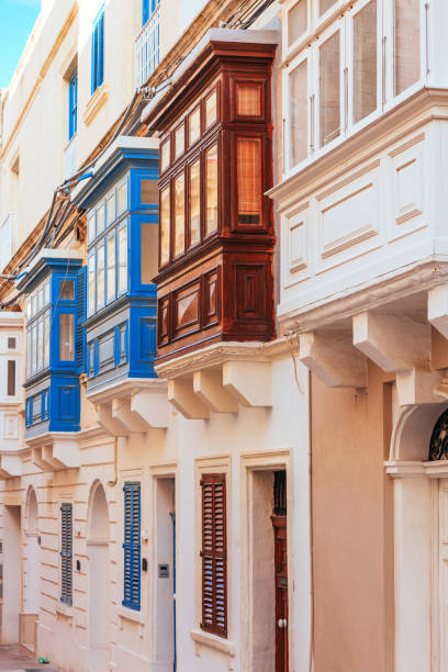 Traditional colorful balconies in Malta stock photo