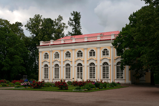 Pavilion Stone Hall in the upper park of the Oranienbaum Palace and Park Ensemble on a sunny summer day, Lomonosov, St. Petersburg, Russia