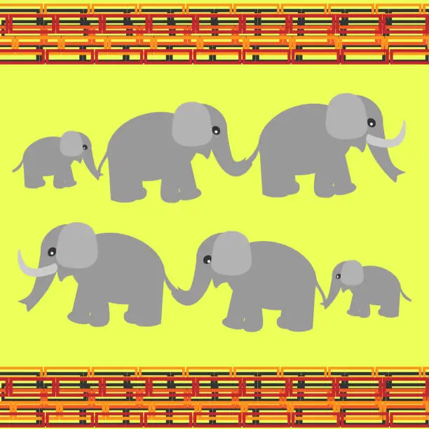 Vector illustration of a family of three elephants walks in one direction and then back
