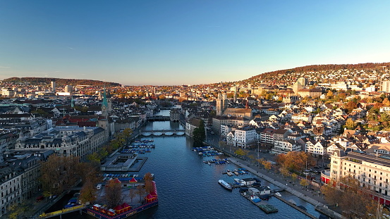 Aerial view of old town Zurich, Limmat river and lake Zurich on a fall day in Switzerland largest city.