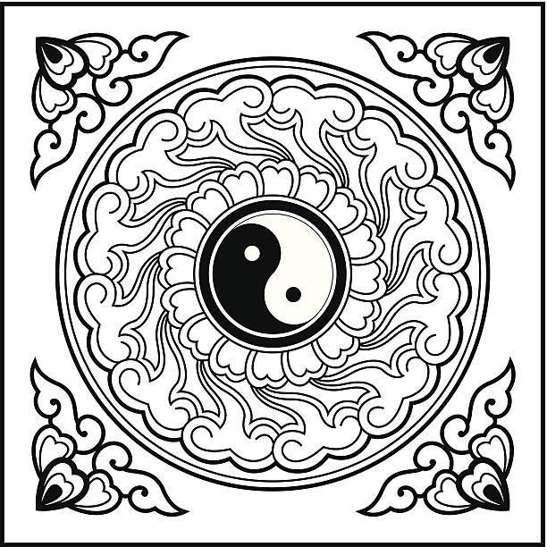Yin Yang Pattern A Yin-Yang pattern,the pattern often appear on the ceiling of the Chinese traditional architecture,especially the Taoist architecture.The yin-yang symbol represents the harmony and unity, is a traditional Chinese auspicious symbol,widely used in Chinese traditional culture.(This editable vector file contains eps10 No less than 5000×5000 pixels,300dpi jpeg formats.) tai chi meditation stock illustrations