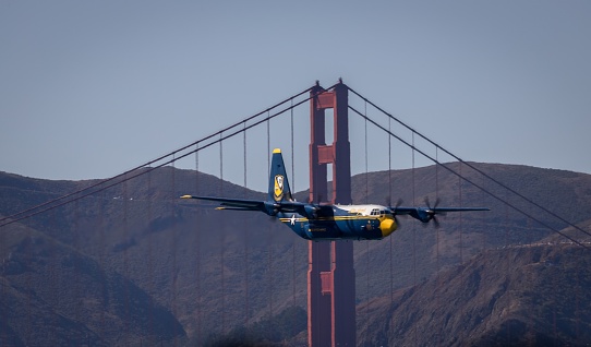 San Francisco, United States – October 06, 2023: United States Marine Corps C130 cargo, Fat Albert, flys during the United States Blue Angels demonstration