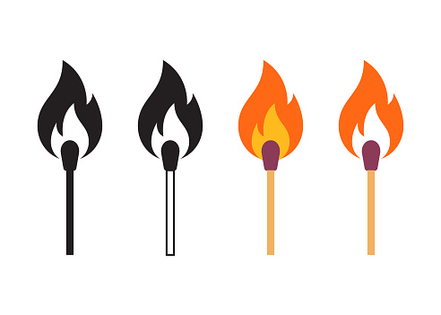 Match with fire icon set, Burning Matchstick collection icon, Fire and flame Vector icon