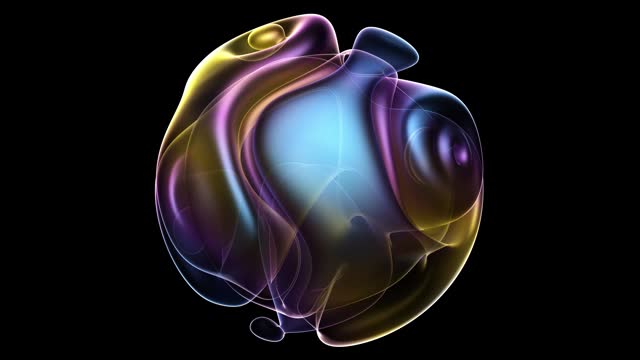 3D render of abstract art video of surreal alien ball flower in spherical round wavy smooth soft biological lines forms in transparent plastic in yellow purple blue gradient color on black background