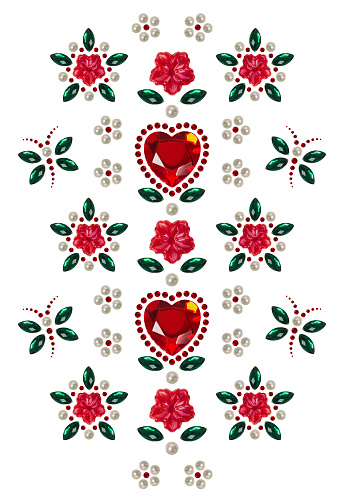 Romantic applique stickers for Valentine's Day: red crystal hearts, flowers, pearls and rhinestones on white background. Greeting card. Love and romantic concept.