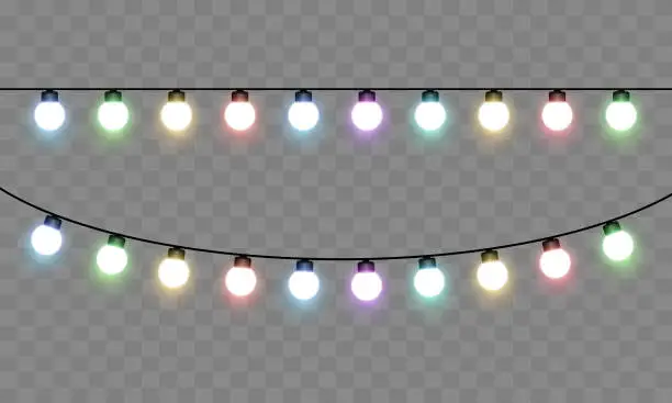 Vector illustration of Light bulbs. Christmas String Lights. Vector clipart isolated on a transparent background.