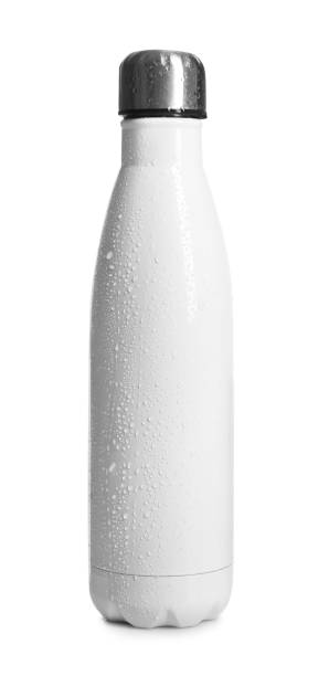 Stylish closed thermo bottle with water drops isolated on white