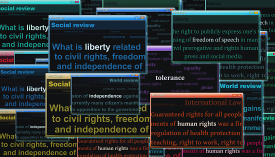 Freedom of speech Liberty Human rights Tolerance Independence pop up windows. Headline news titles international media abstract concept  3d illustration.