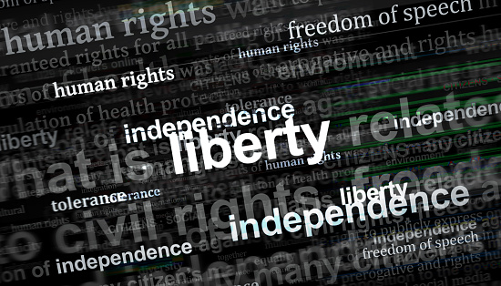 Freedom of speech Liberty Human rights Tolerance Independence. Headline news titles international media abstract concept  3d illustration.