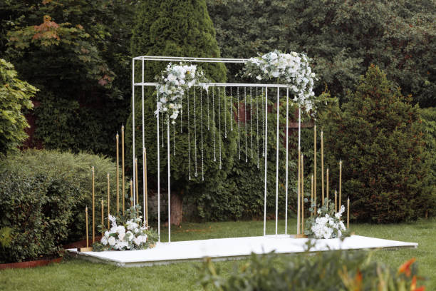 istock White floral archway in garden wedding 1808056461