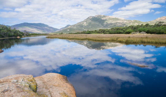 Picturesque Tidal River and Mount Oberon in Wilsons Promontory National Park.  Wilsons Promontory is located in the south of the southern Australian state of Victoria and is a popular weekend getaway location for residents of Melbourne.
