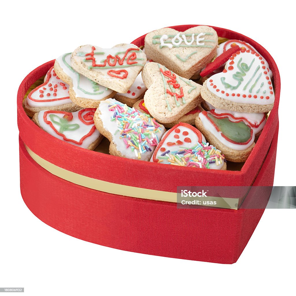Decorado em forma de coração vermelho Cookies em linda caixa de presente - Foto de stock de Alimentação Não-saudável royalty-free